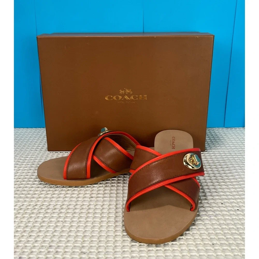 COACH Crossband‎ Sandals Slides Leather 6.5B Brown Orange Gold Hardware EUC